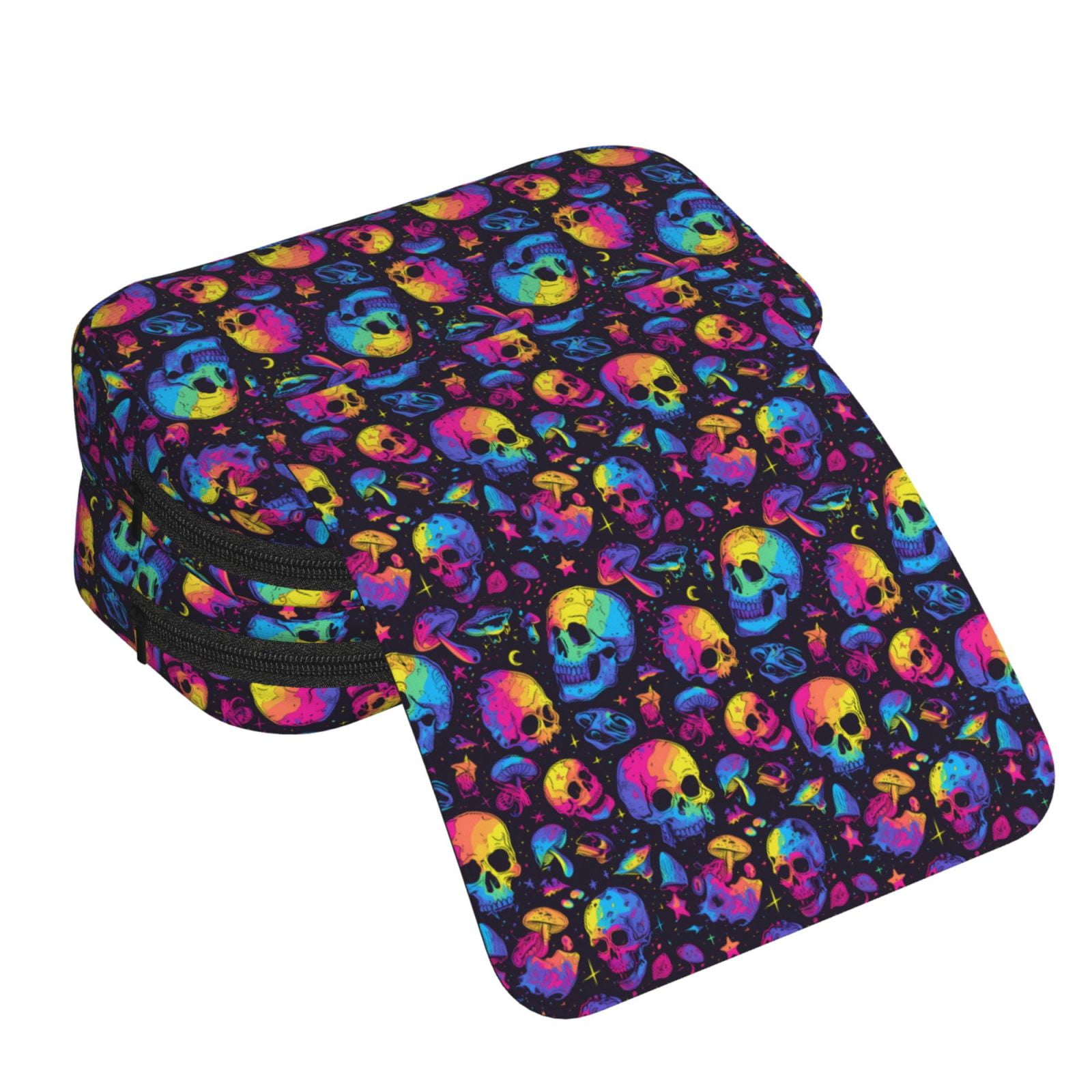 Rateoe mushroom rainbow color Skull Pattern Double Clamshell Pen Case, Storage Organizer with Two Zipper Compartments– Holds Up to 50 Pencils & Pens
