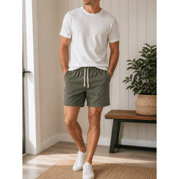 Men’s 7 Inch Inseam Pull On Shorts Elastic Waist Drawstring Green Size Medium