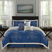 Kashi Home Queen Size Comforter Set 7 Pieces Blue Bedspread (86 * 86 Inch) with 2 Pillow Shams, Bedskirt and Decorative Pillows, Embroidered Lightweight Bedding - Agatha