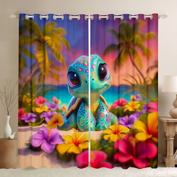 Manfei Cartoon Cute Floral Sea Turtle Black Out Curtains for Kids Boys and Girls, Tropical Beach Curtains Pack of 2 (42x63 Each)