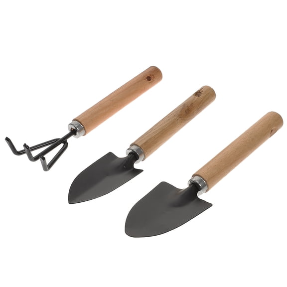 PTOOTP 3Pcs Outdoor Garden Shovel Trowel and Rake Iron Tools with Comfortable Wood Grip
