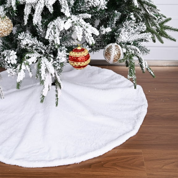 LoomJoyz 47 Inch White Plush Faux Fur Christmas Tree Skirt, Cozy Holiday Decor for Family Home & Christmas Party