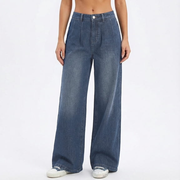 HOWPAY Wide Leg Jeans Woman High Waisted Solid Color Stretchy Denim Pants with Pockets Straight Leg Boyfriend Casual Streetwear Baggy Jeans Blue L