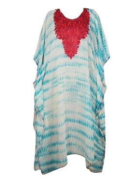 Mogul Women Maxi Kaftan Dress Floral Embroidery Design Neck Sheer Cover Up Resort Wear Caftan 4X