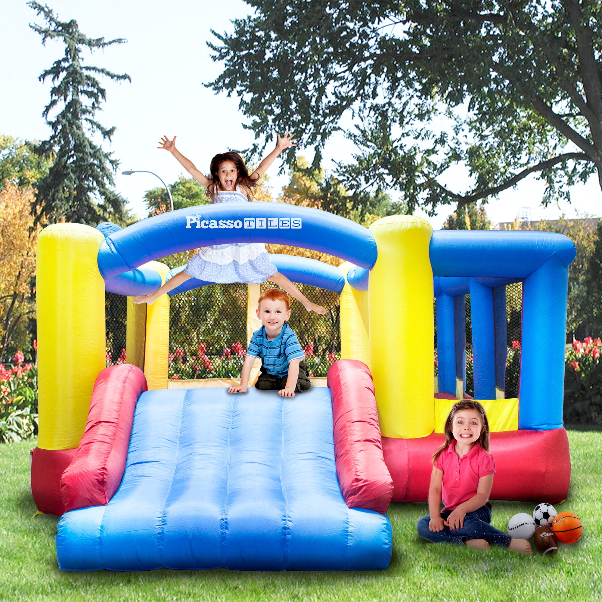 PICASSO-TILES Outdoor Inflatable Bouncer, Bounsing House, Jump Slide Dunk Playhouse with Basketball Rim, 4 Sports Balls, Full Size Entry, 580W ETL Certified Blower