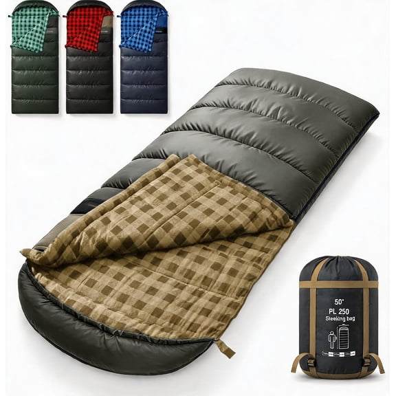 XXL Flannel Sleeping Bag for Adults 90x39 Inch Rectangular Cold Weather Camping Sleep Bag with 2-Way Zipper
