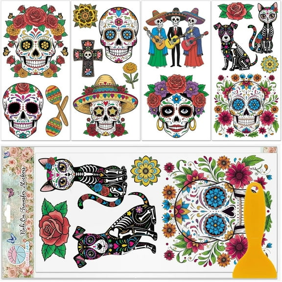 4 Sheets Sugar Furniture Transfers Stickers 6x12inch Day of The Dead Rub on Transfer UV Self-Adhesive Stickers Wall Art Craft for Bedroom Living Room Desk Table Decoration