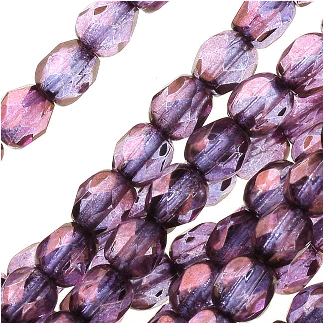 Czech Fire Polished Glass Beads 4mm Round Lumi Coated Purple (50