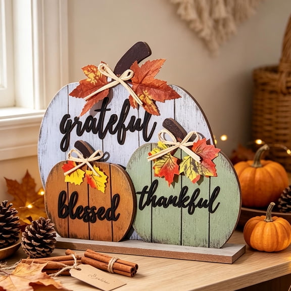 Fall Pumpkin Decor Wooden Table Sign, Grateful Blessed Thankful Sign with Maple Leaf Accents for Autumn Farmhouse Vintage Thanksgiving Harvest Party Rustic Home Room Table Shelf Halloween Decorations