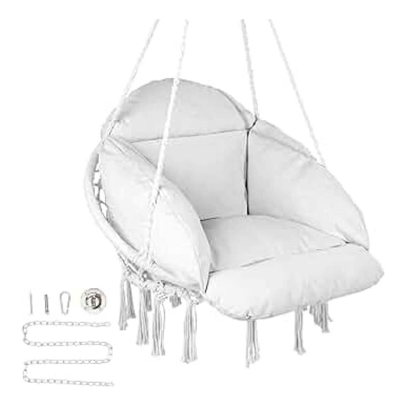 Hanging Hammock Chair, Macrame Swing Chair with Cushion, 264lbs Capacity, Cotton Rope Chair for Indoor Outdoor Use - Bedroom, Patio, Balcony, White