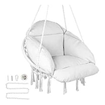Hanging Hammock Chair, Macrame Swing Chair with Cushion, 264lbs Capacity, Cotton Rope Chair for Indoor Outdoor Use - Bedroom, Patio, Balcony, White