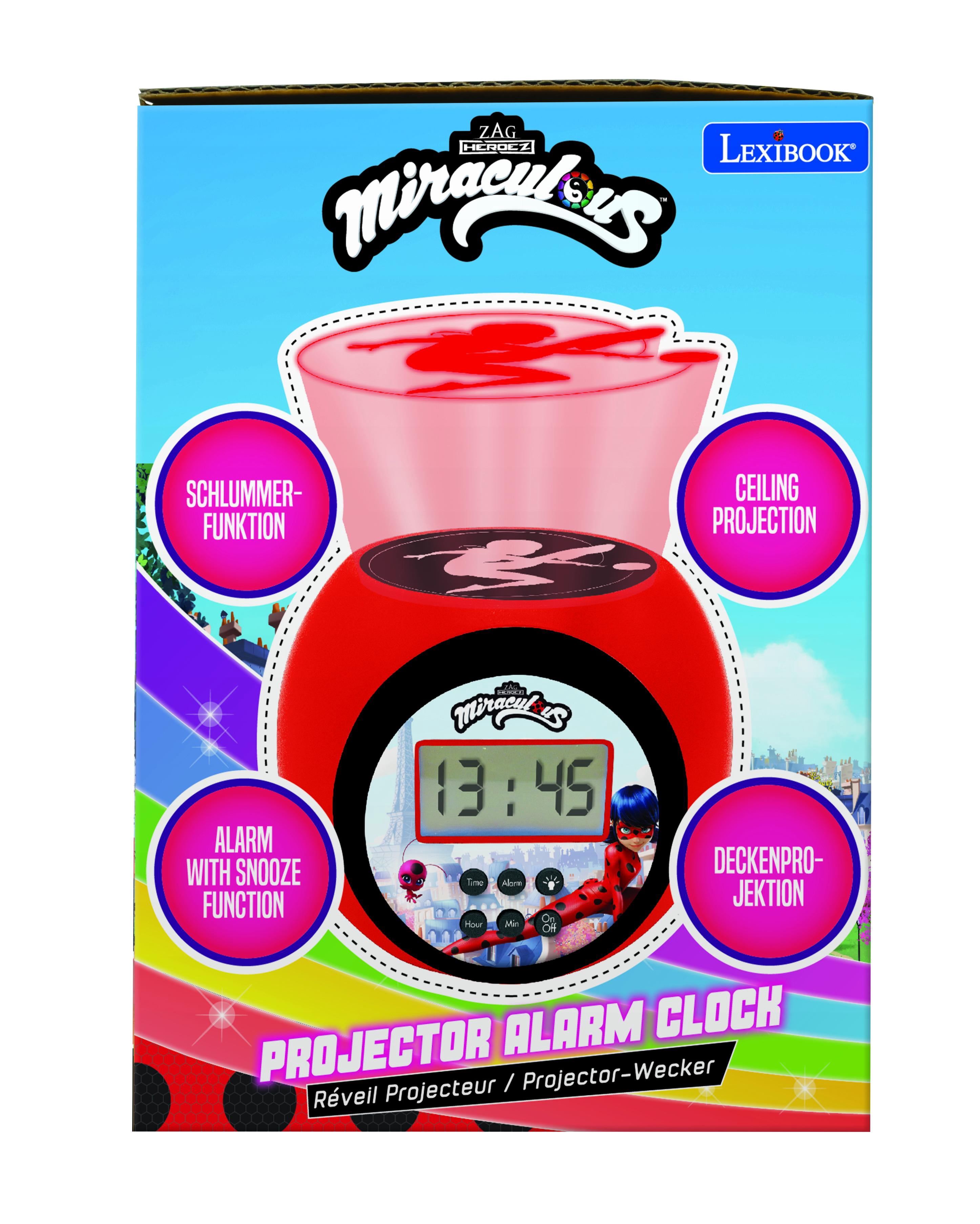 Lexibook - Miraculous Projector Alarm Clock with Snooze Function and Alarm Function, Night Light with Timer, LCD Screen, Battery Operated, Red / Black