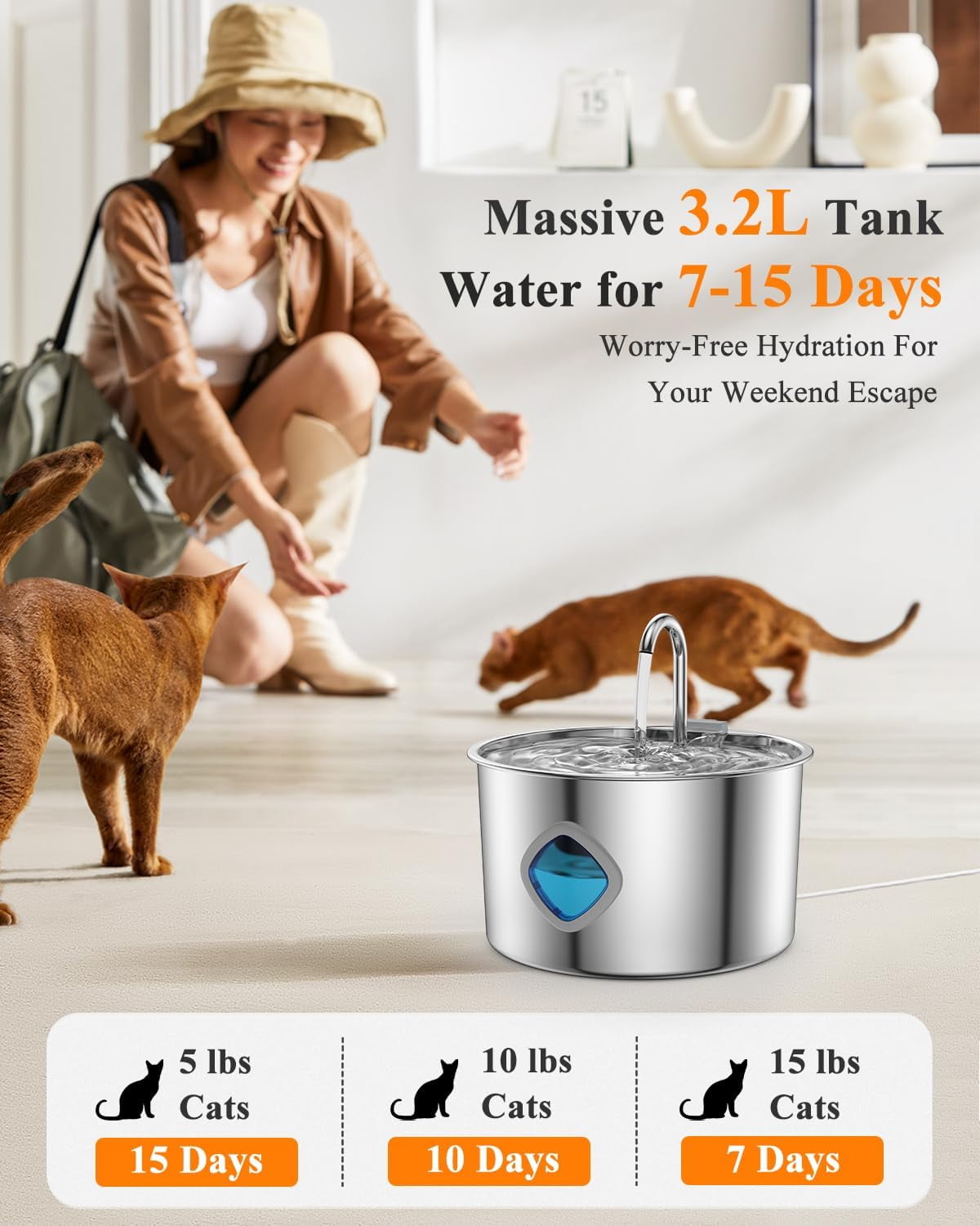 Stainless Steel Pet Water Fountain with LED Level Window, 3.2L Automatic Dispenser and Filters for Cats