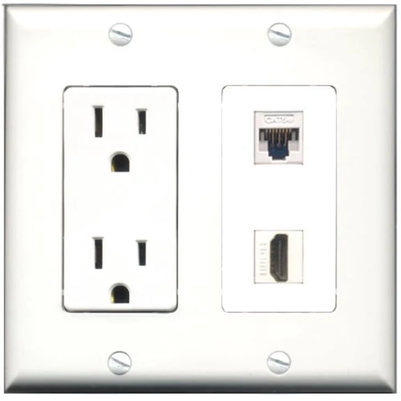 RiteAV - 15 Amp Power Outlet and 1 Port HDMI and 1 Port Cat5e Ethernet White Decorative Type Wall Plate White