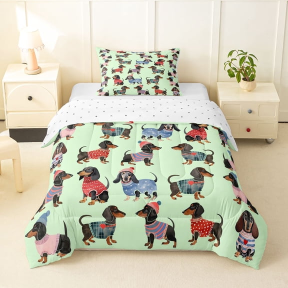 Homewish Kawaii Dachshund Dog Twin Comforter Sets,Lovely Pet Bedding Set,Green,Reversible,2 Pieces,1 Comforter and 1 Pillowcase