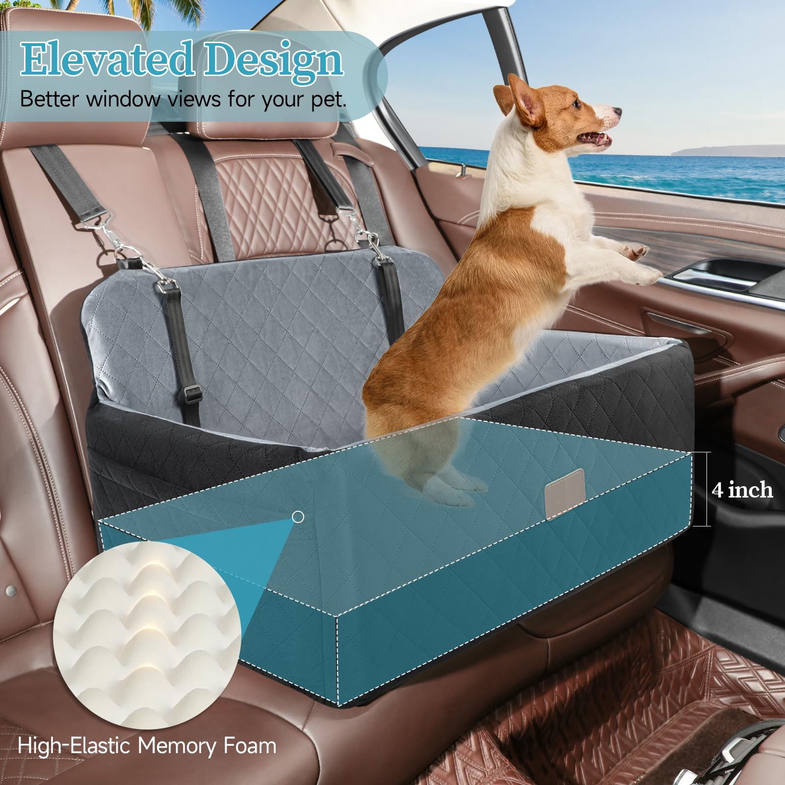 Dog Car Seat for Medium and Large Dogs up to 55 lbs – Washable Pet Car Bed with Safety Leashes, Booster Dog Seat for Car Backseat for 2 Small Dogs or One Large Pet – Dog Bed for Car Travel