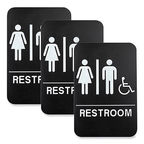 6 x 9 in. Indoor & Outdoor Restroom Sign with Braille Text & Wheelchair, Black Face & White Graphics
