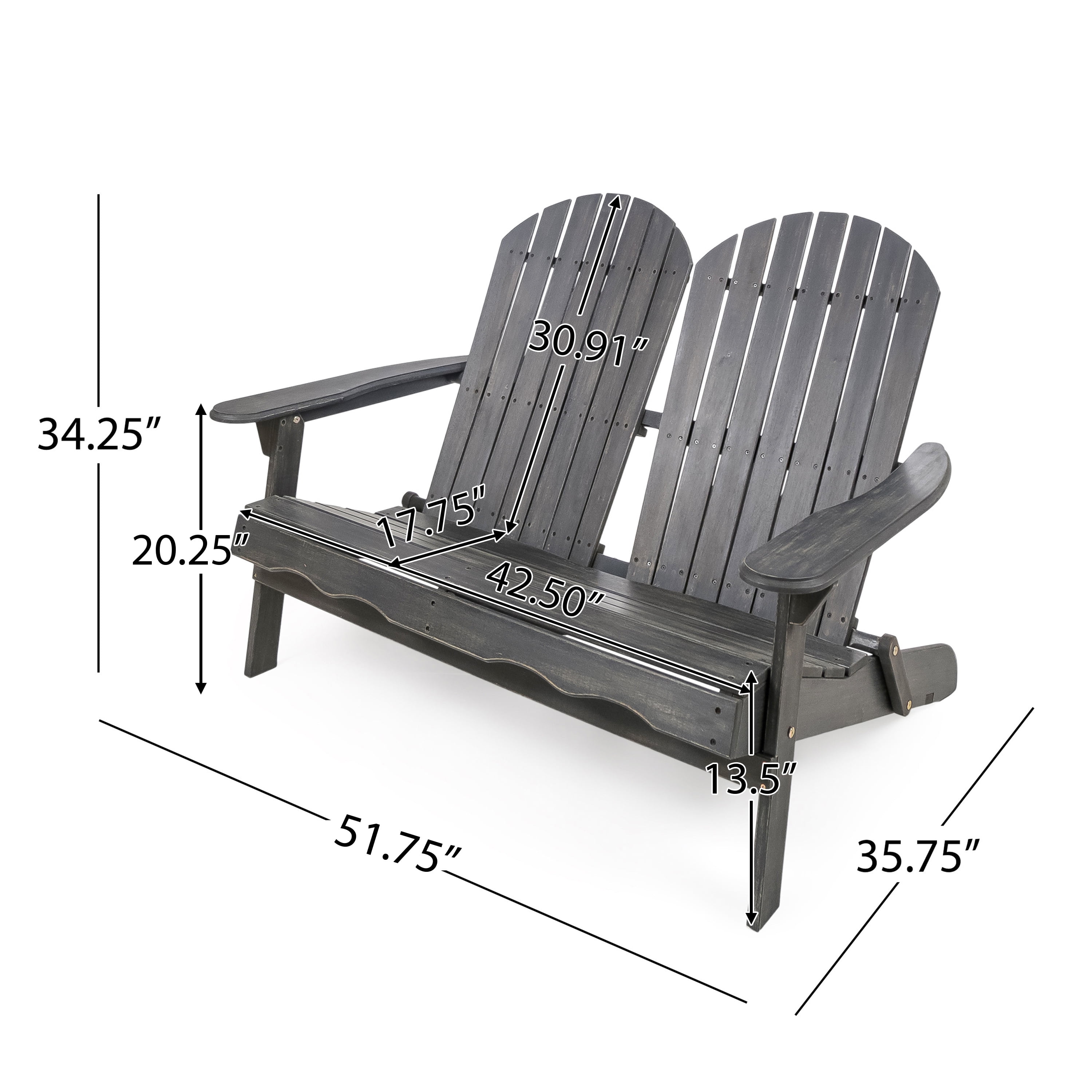 Outdoor Adirondack Double Seat Loveseat, Acacia Wood Frame Leisure Couch for Patio Garden, Dark Gray