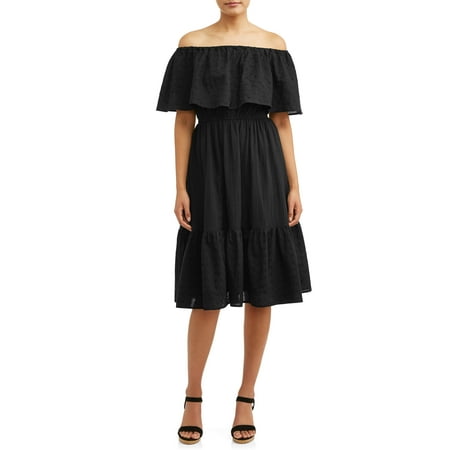 Eyelet Ribbon Empire Dress - Eyelet Embroidered Off-the-Shoulder Midi Dress Women's