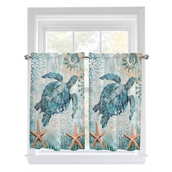 Teal Sea Turtle Coastal Kitchen Curtains 54 Inches length, Nautical Summer Beach Starfish Window Treatment Curtain Drapes, Thermal Insulated Drapes for Basement Hotel RV, 42"x54", 2 Panels