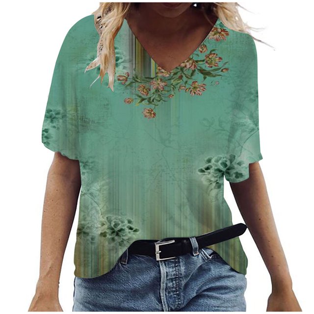 Birdeem T-Shirt à Col en V pour Femmes, Mode Décontractée, Grande Taille, Imprimé de Fleurs Pittoresques