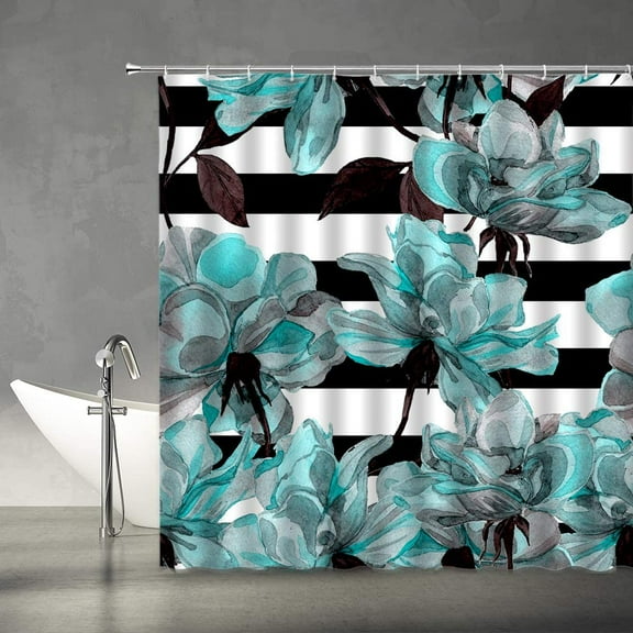 Teal Turquoise Flower Shower Curtain Black and White Striped Roses Floral Watercolor Abstract Art Rustic Home Bathroom Decor Set Polyester Fabric Include Hooks 72"W x 78"L (Pack of 1)