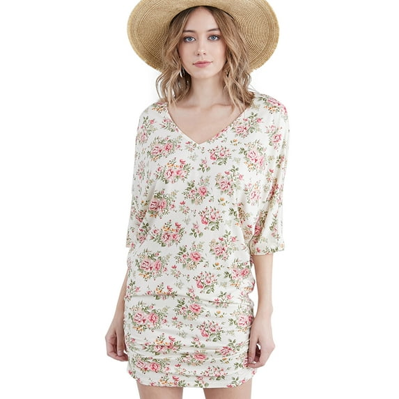 Doublju Women's 3/4 Sleeve Side Shirring V-Neck Mini Dress (Plus Size Available)