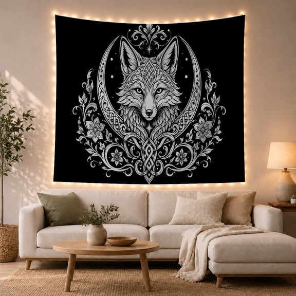 Fox Head Inside Floral Moon Ornament on Black, Mysterious Gothic Style for Wildlife Fans, Animal Wall Art, Halloween Gift, Tapestry Wall Hanging for Bedroom and Dorm