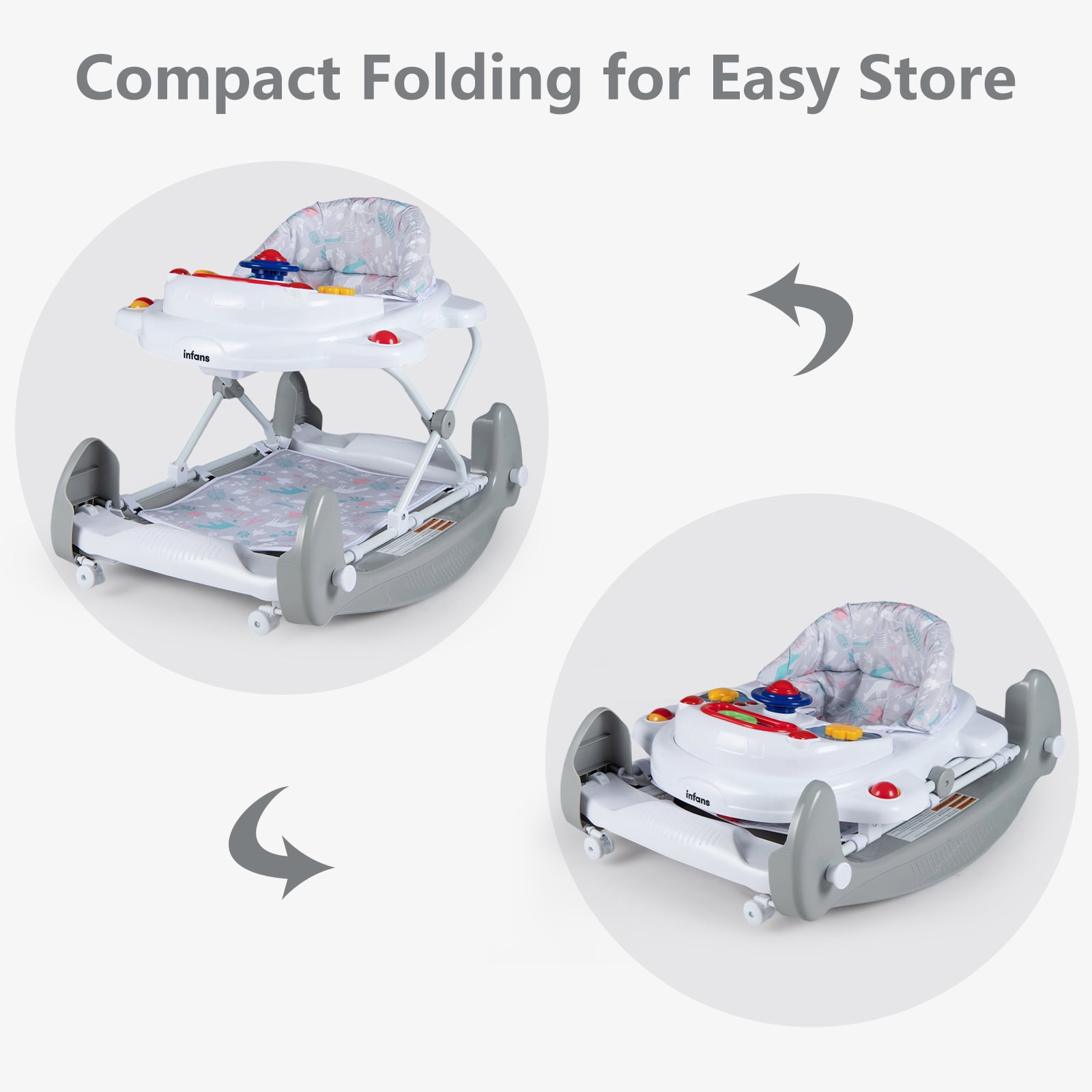 INFANS Baby Walker, 6 in 1 Behind Walker Learning Seated Rocker Bouncer with Removable Music Tray, Adjustable Height, Washable Seat Cushion, Foldable Activity Center for Toddlers