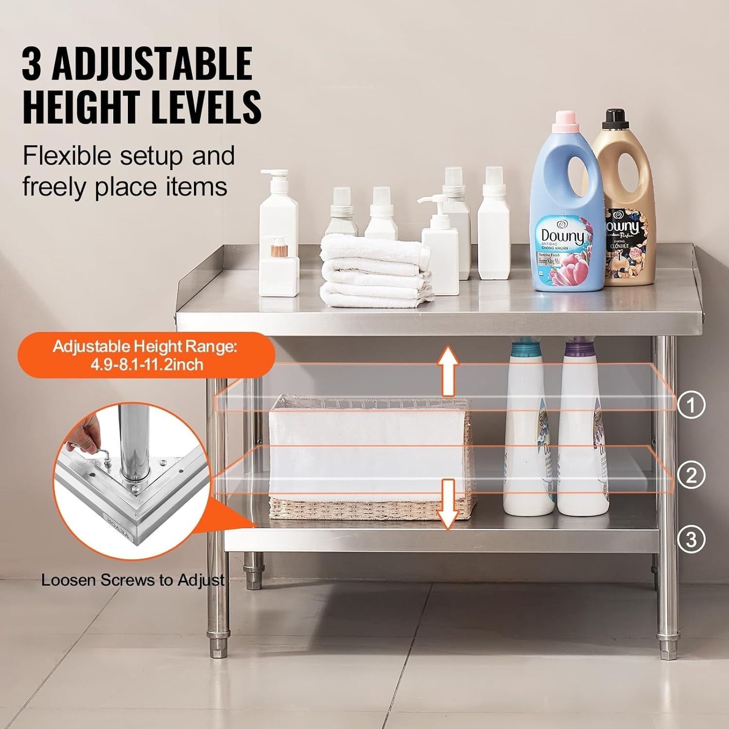 Stainless Steel Work Table, 30 x 36 x 26 Inch Commercial Food Prep Worktable, 3-Sided Backsplash Heavy Duty Prep Worktable, Metal Work Table with Adjustable Height for Restaurant Home Hotel