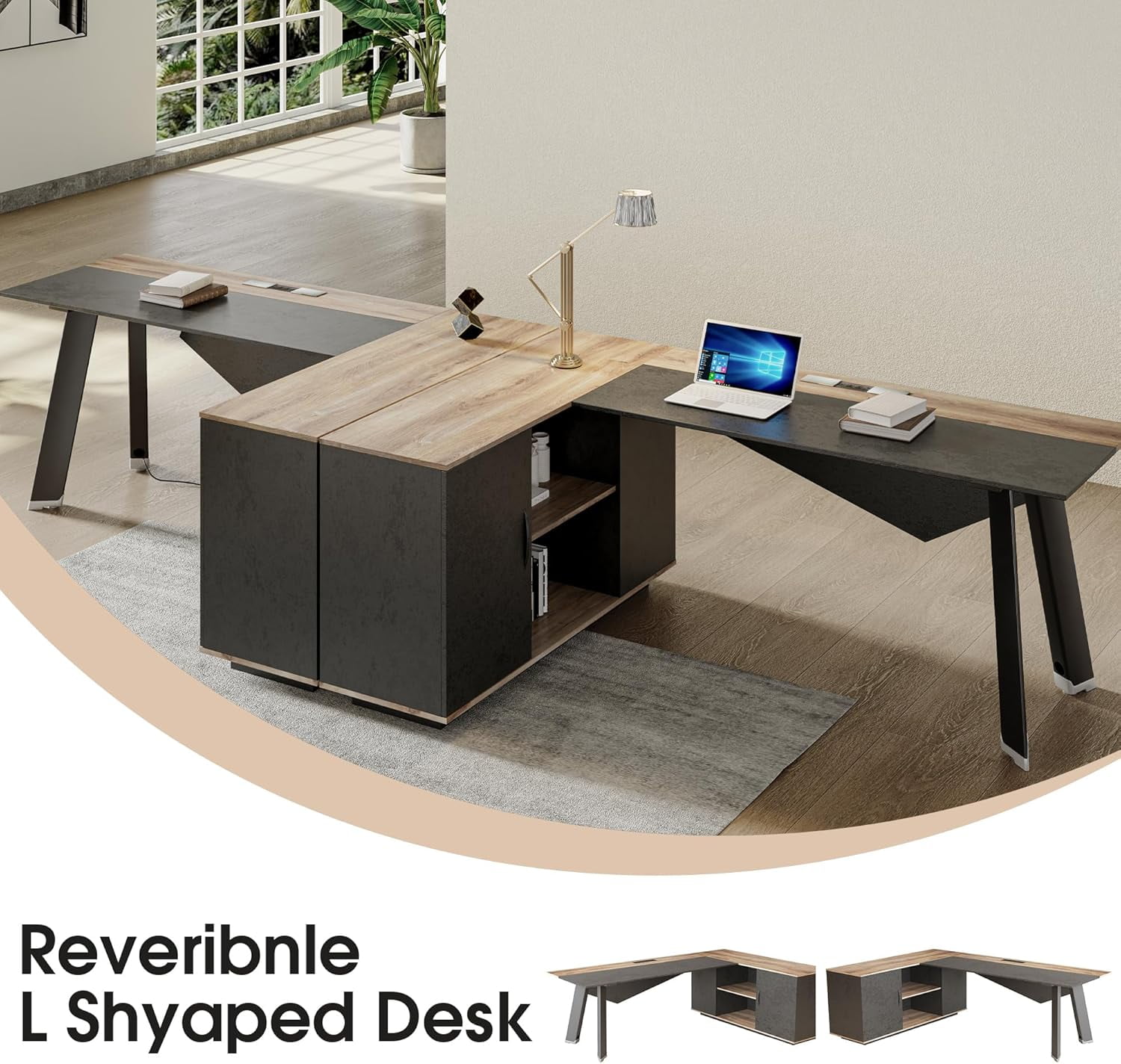 Wesome 63" Dark Mahogany L-Shaped Executive Desk with Cabinet Storage Shelves