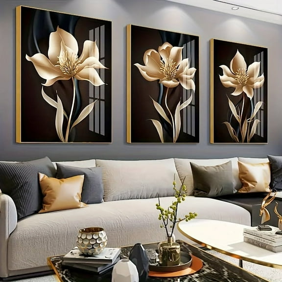3pcs Modern Abstract Black and Golden Flower Wall Art Canvas Painting for Living Room Decor - Frameless, Eye-Catching, and Stunning