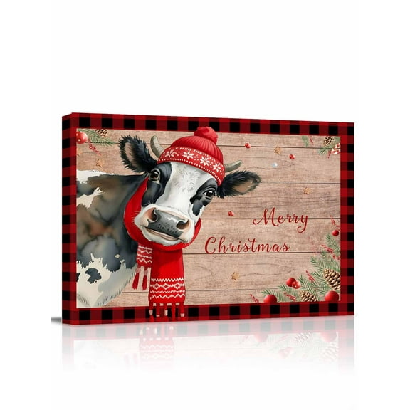 Cow Christmas Canvas Print Wall Art Framed Canvas Art Wall Decor Farmhouse Snowflake Berry Snowflake Geek Pictures Painting Morden Artwork for Living Room Bedroom, Ready to Hang - 12"x16"