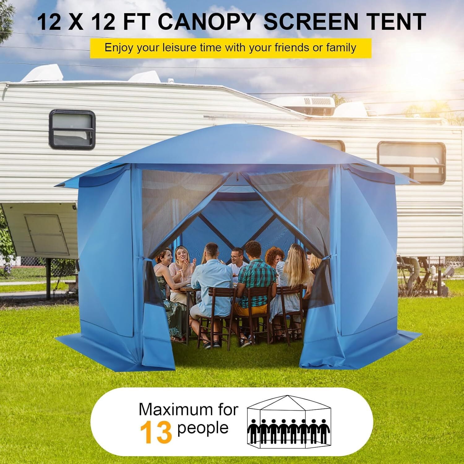 COBIZI 12x12 Pop-up Gazebo Screen Canopy with 5 Sidewalls and Mosquito Nettings for Camping, Tent Instant Screened House with Carrying Bag and Ground Stakes, Blue(Upgraded)