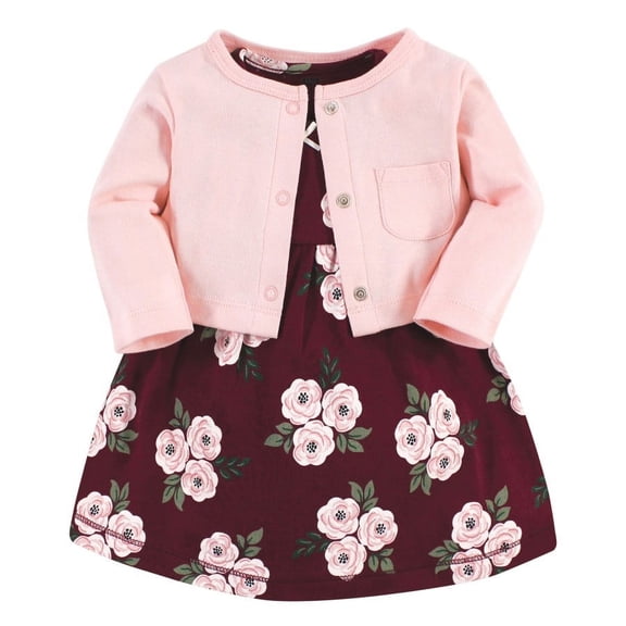 Hudson Baby Baby Girls Cotton Dress and Cardigan Set, Burgundy Floral, 0-3 Months