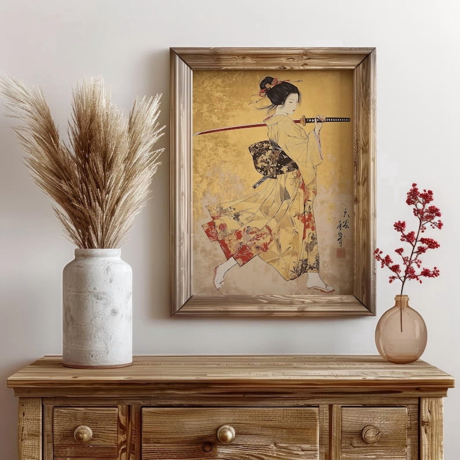 Japanese Female Samurai Poster, Golden Ukiyo-e Wall Art, Samurai Woman with Katana, Ancient Japanese Art Print - 16x24 UNFRAMED