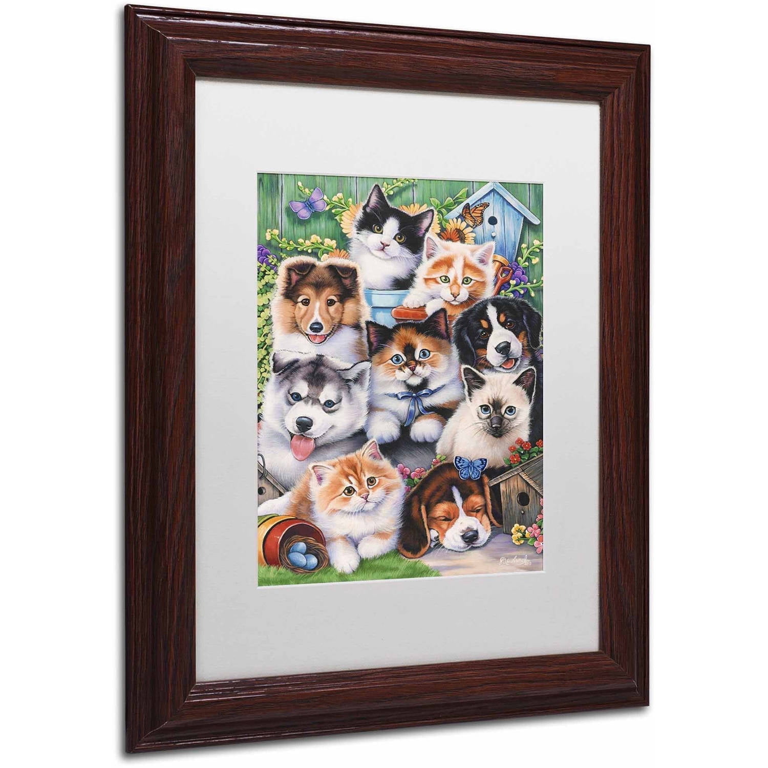 Trademark Fine Art 'Kittens & Puppies In The Garden' Canvas Art by Jenny Newland, White Matte, Wood Frame