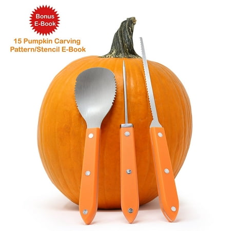 Premium 3 Piece Pumpkin Carving Kit (Plus 15 Pumpkin Carving Pattern/Stencil E-Book) Sturdy Stainless Steel Pumpkin Tools Crafted For Efficiency While Carving Your Pumpkin, by