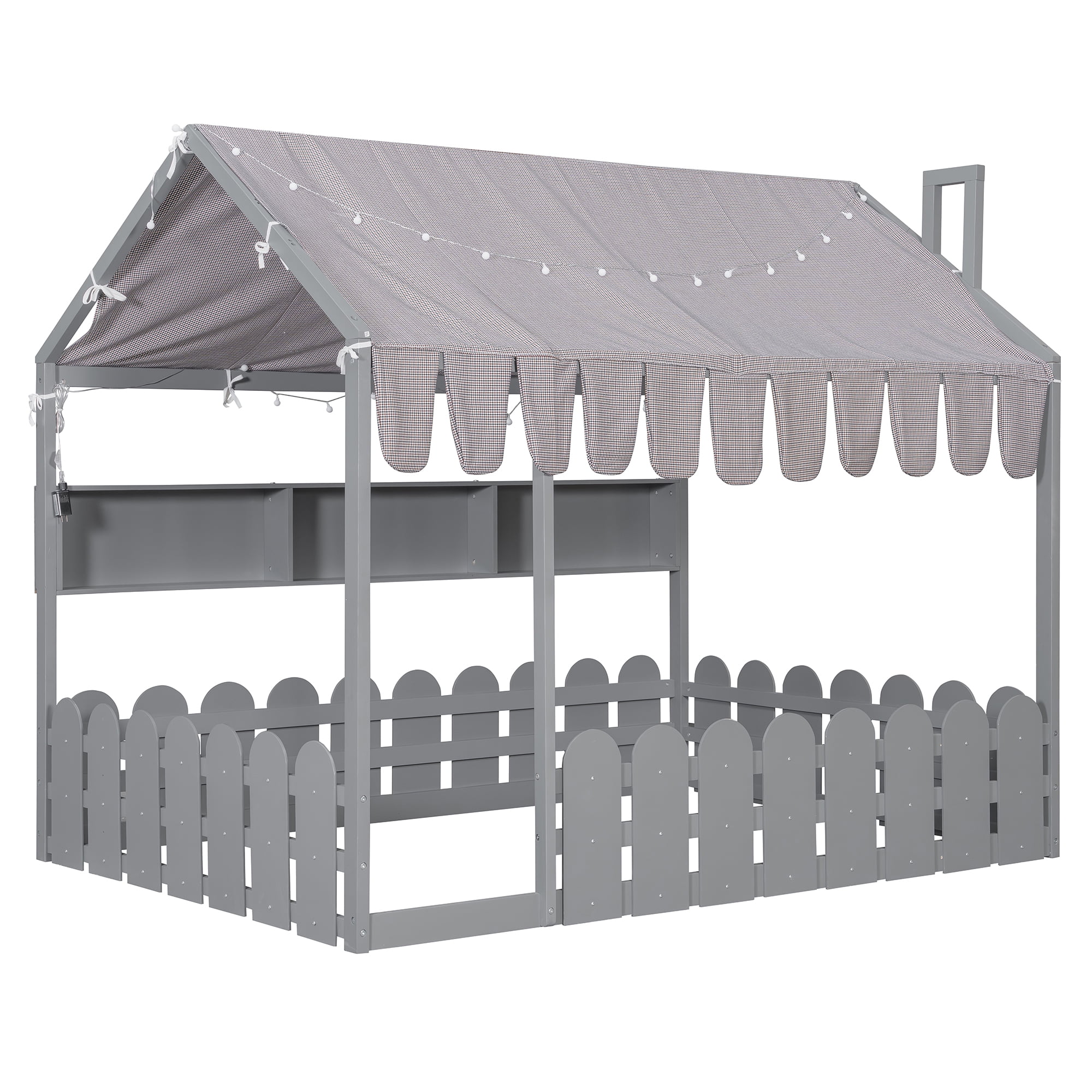 Aukfa Full Size House Bed with Fence and Tent for Kids, Wooden Montessori Bed with LED Lights & Storage Shelves for Toddler Boys and Girls Bedroom, Gray