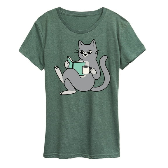 Instant Message - Reading Cat Coffee - Women's Short Sleeve Graphic T-Shirt