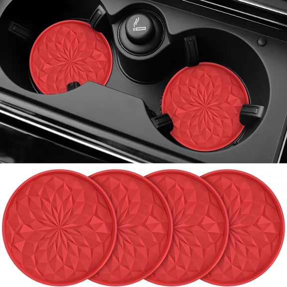 LAMIRO Car Coasters for Cup Holders [4 Pack] - 2.75In Silicone Auto Mug Mats - Universal Non-Slip Recessed Car Interior Accessories - Red