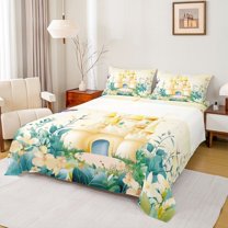 Feelyou Kawaii Yellow Castle Bed Sheets for Girl, Dreamy Fairy Tale King Sheets, Spring Garden Floral Sheet Set, Super Cozy Room Decor, 4-Piece