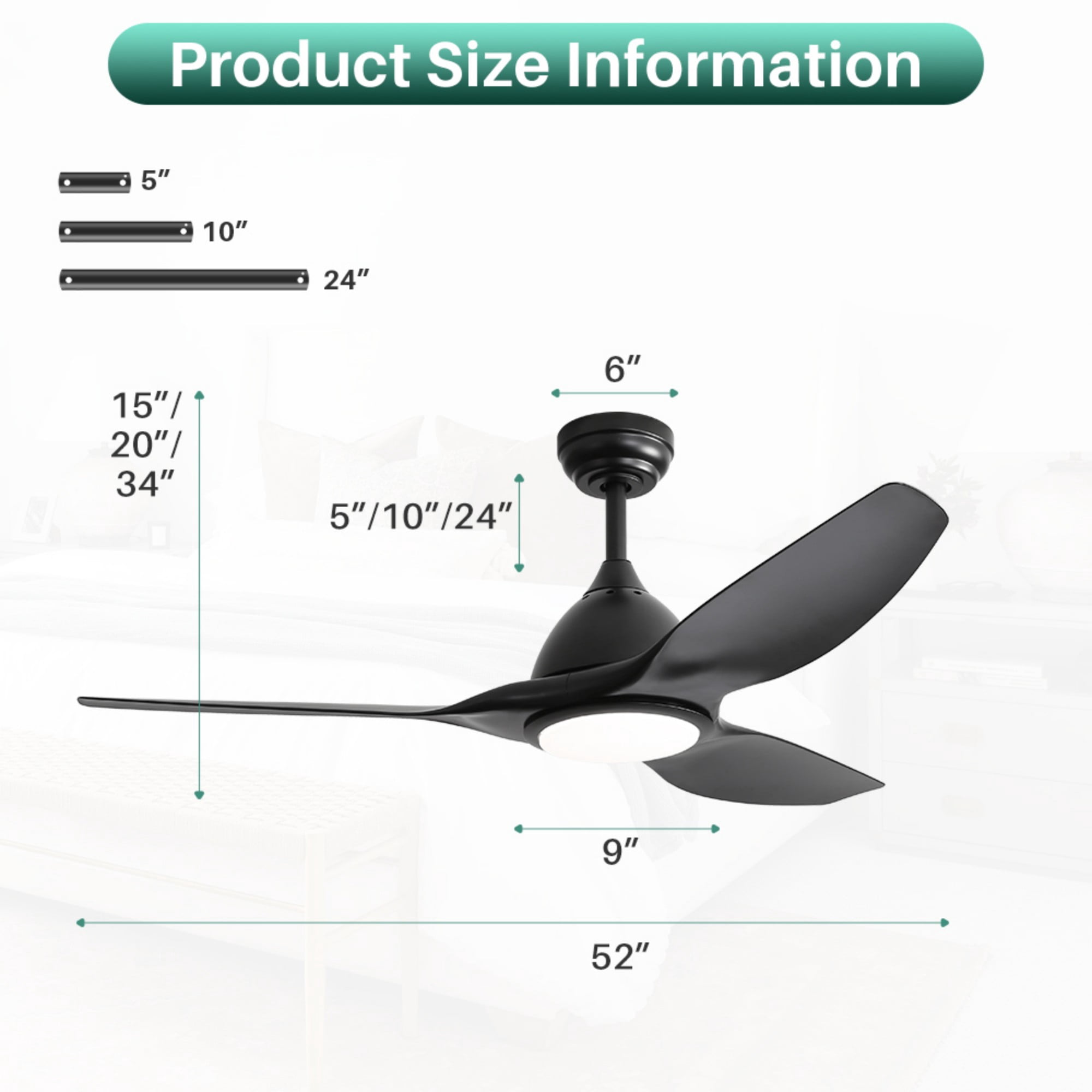 Sofucor 52 Inch Ceiling Fans with Lights and Remote Control, 3 Down Rods Outdoor Ceiling Fan with Light, Dimmable LED Light, Noiseless Motor & 3 Reversible Wood Blades