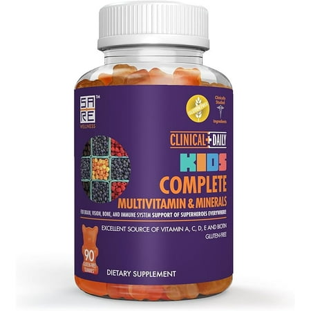 Complete Kids Multivitamin Daily Gummy Supplement for Brain, Vision, Bone and Immune Health. Vitamins A, C, E,D,B6,B12, Folate, Biotin, Essential Minerals. 90 Gluten Free Yummy Gummies