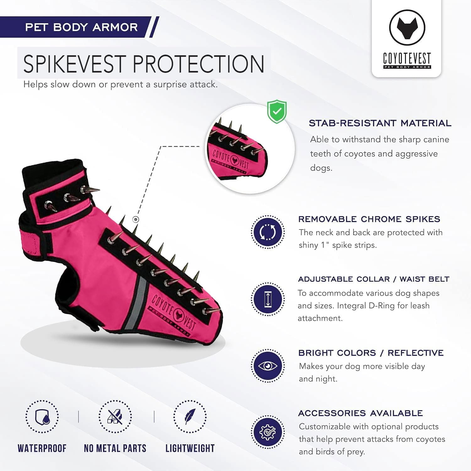 CoyoteVest SpikeVest (XS - Neon Pink)  Dog Harness Vest for Small Dogs, Reflective Dog Vest with Spikes to Shield Your pet from Coyotes, Raptor and Animal Attacks, Anti Hawk Vest, Made in USA