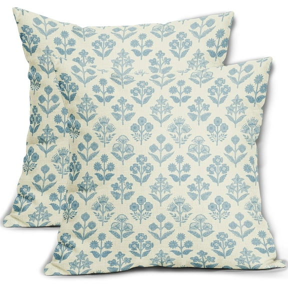 Light Blue Floral Pillow Covers 16x16 Inch Set of 2, Vintage Flower Block Print Pattern Decorative Throw Pillowcases Outdoor Farmhouse Cushion Covers Spring Summer Rustic Sofa Couch Bed Decor