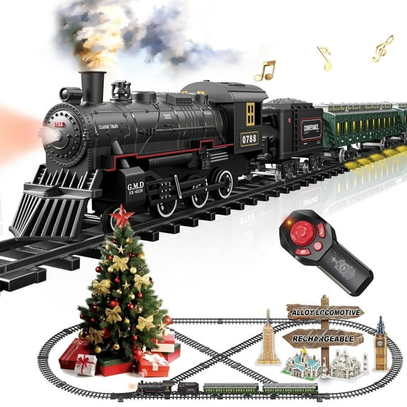 BUBUQE Electric Train Sets Remote Control for Kids Metal Alloy Christmas Train Toys Steam Locomotive Glowing Passenger Carriages Luxury Tracks Light & Sounds Green