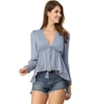 thumbnail image 3 of Unique Bargains Women's Deep V Neck Drawstring Swiss Long Sleeves Blouse Top, 3 of 6