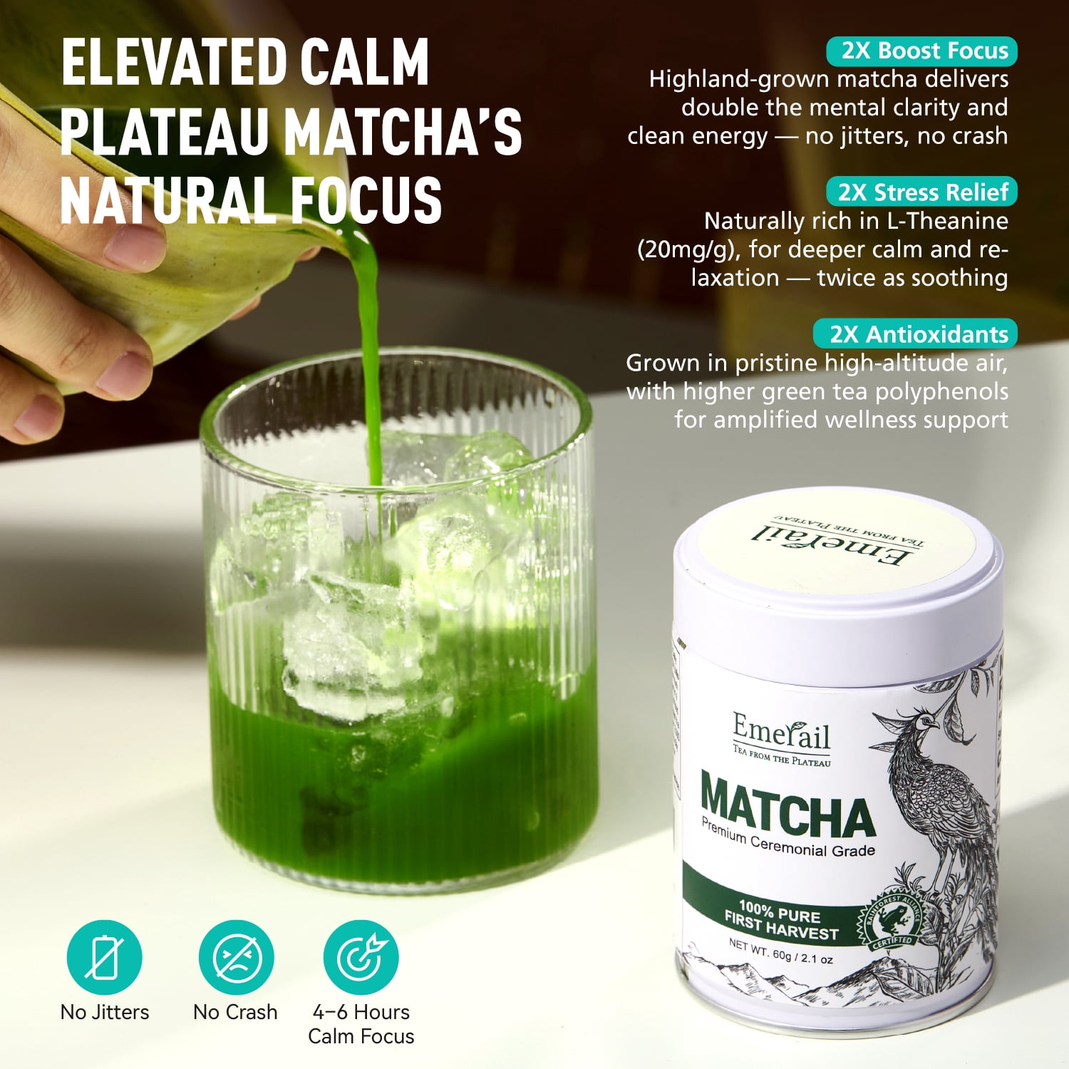 Emerail Ceremonial Grade Matcha Green Tea Powder, Premium First Harvest Unsweetened, 100% Pure Matcha for Lattes, Smoothies, and Baking 2.1oz