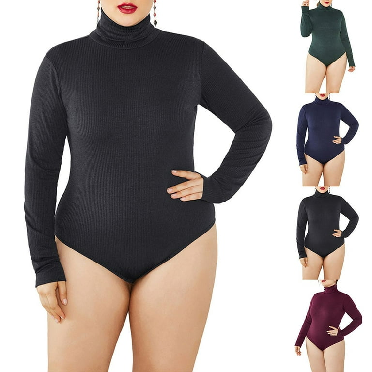 ALSLIAO Plus Size Women Turtleneck Bodysuit Knit Top Long Sleeve  SlimT-Shirt Sweater Black 5XL 